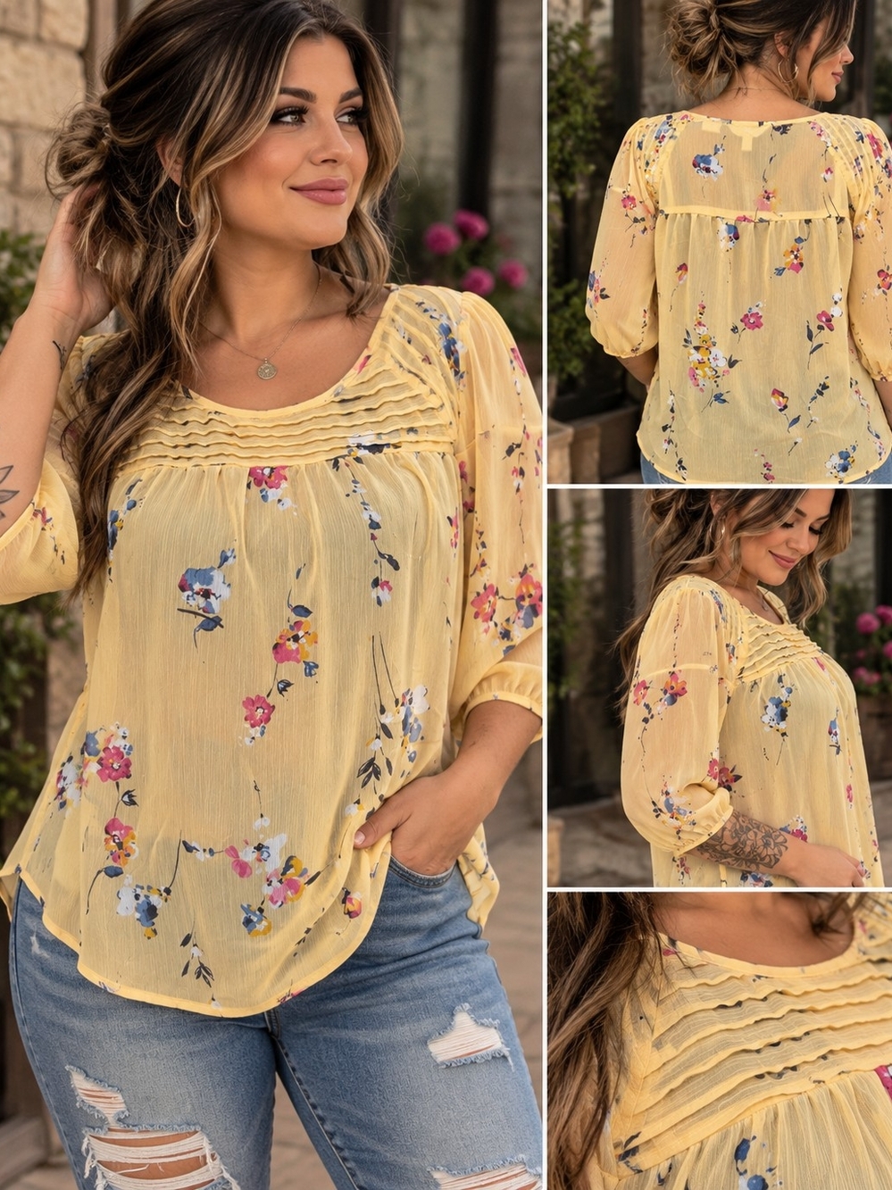LC Lauren Conrad Yellow Floral Pintuck Blouse